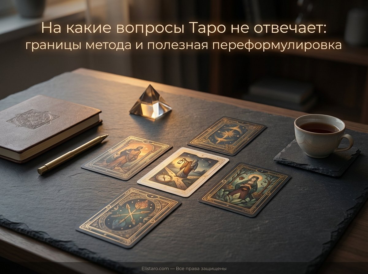 Обложка FAQ по Таро для начинающих: спокойная рабочая сцена с картами и фокусом на практичном формате вопросов.
