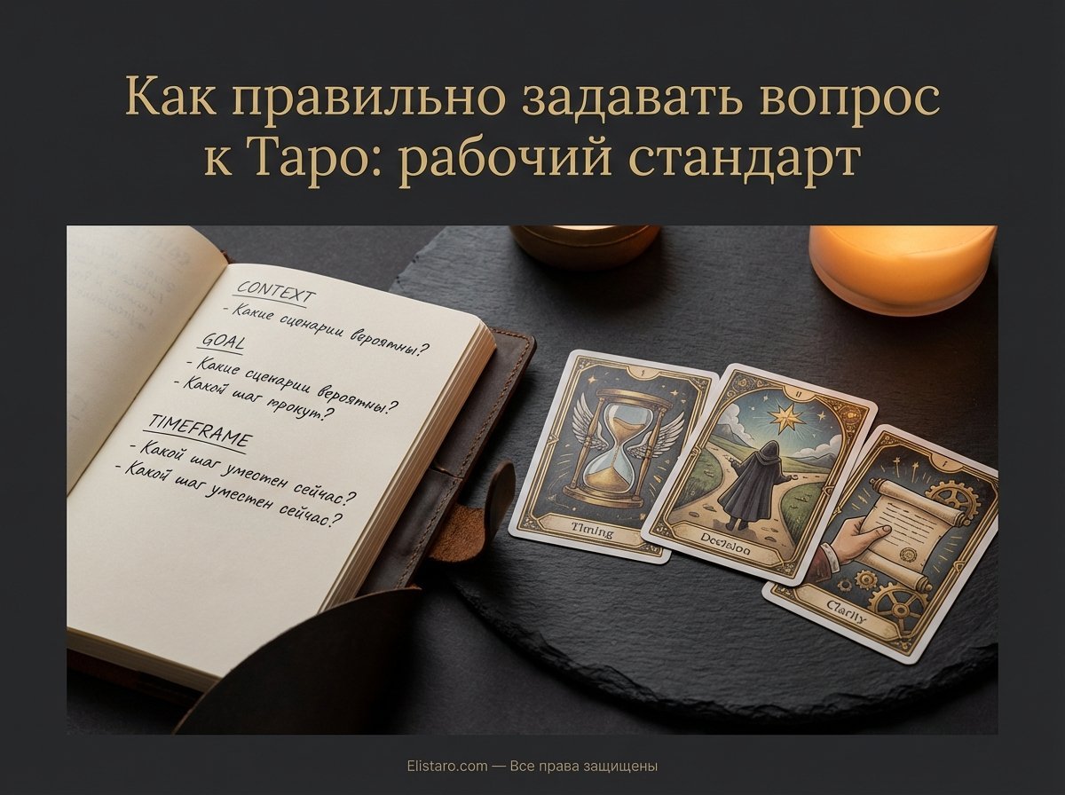 Обложка статьи о выборе расклада Таро: карты и рабочее пространство как метафора точного выбора формата под задачу.